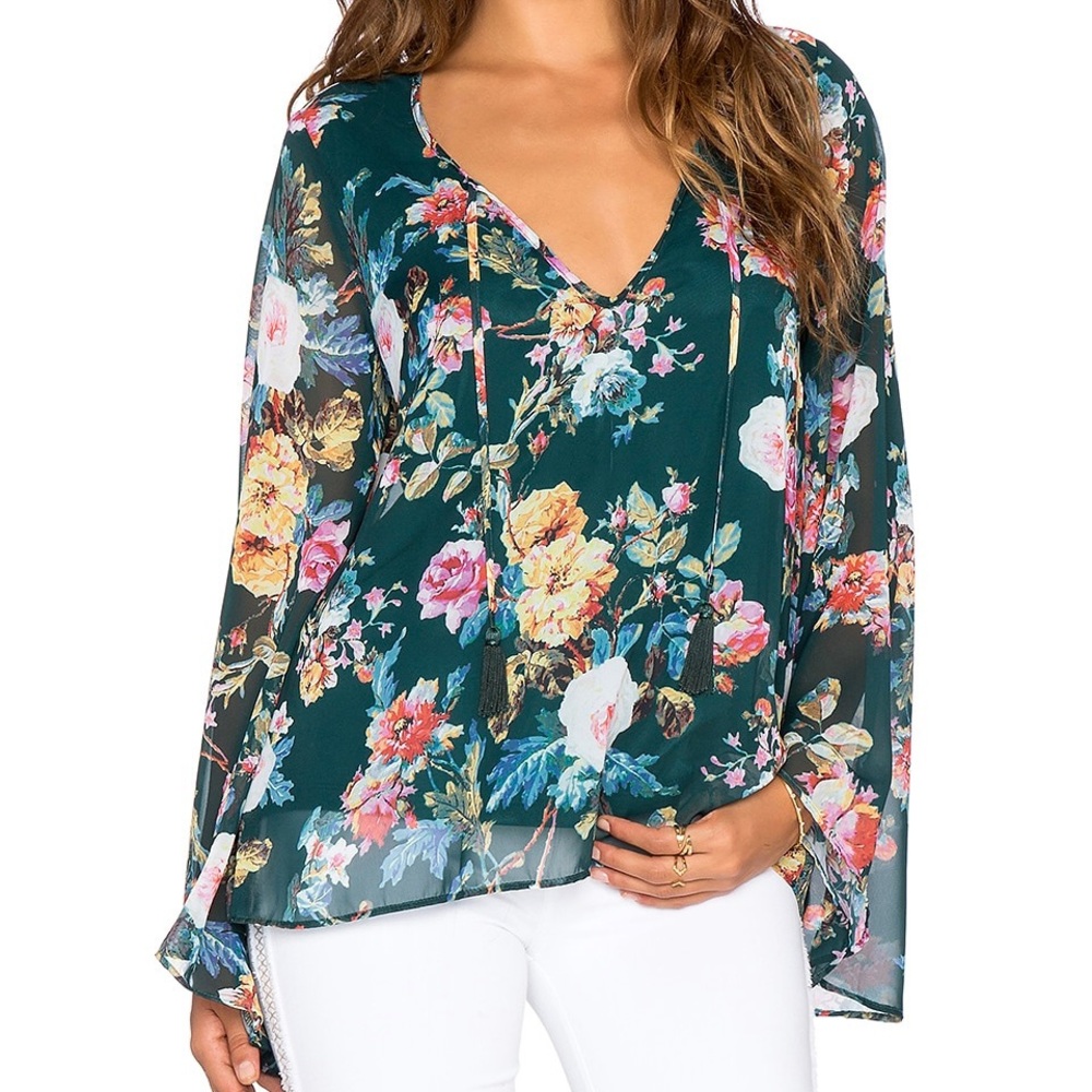 Show Me Your MuMu Dark Teal Floral V-Neck Peasant Blouse